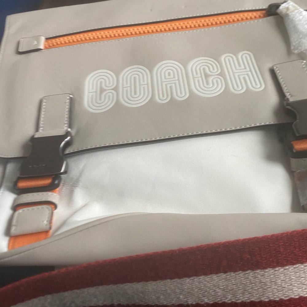 Coach Men’s Gray Messenger Bag with Orange Trim